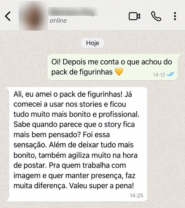 Mensagem de cliente dizendo que amou o pack e que os stories ficaram mais bonitos e profissionais